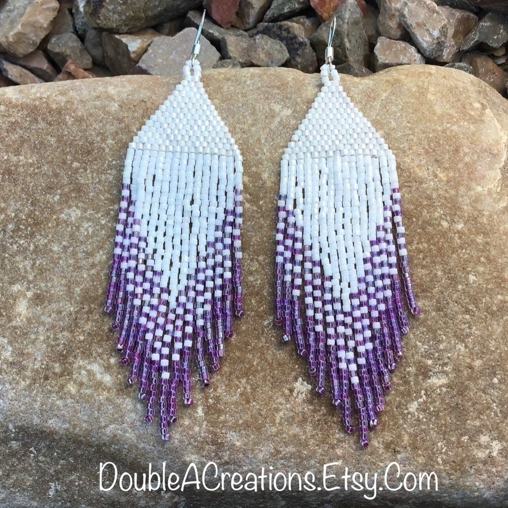 Purple Rainbow Lined and White Beaded Earrings, New, Handmade by Me - Picture 4 of 7